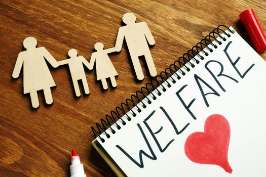 Welfare sign in the note and wooden figurines of family.