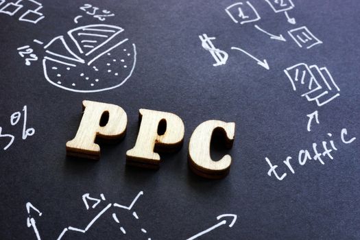 PPC pay per click sign on black paper.