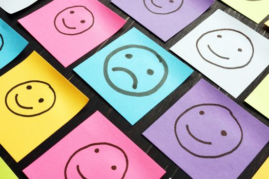 Unhappy face and drawn smiles faces. Satisfaction survey and customer service experience.