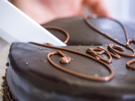 close-up of a cut of sacher torte.