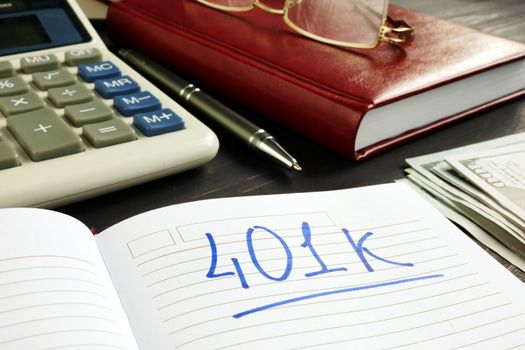 401k Retirement plan in the notebook and calculator.