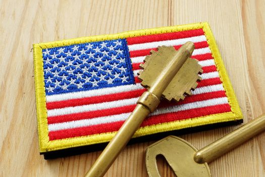 VA Home loan and mortgage. American flag and key.