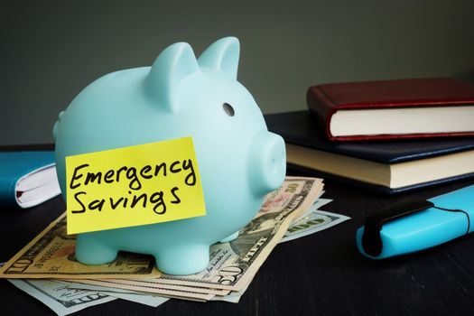 Emergency savings sign on the blue piggy bank.