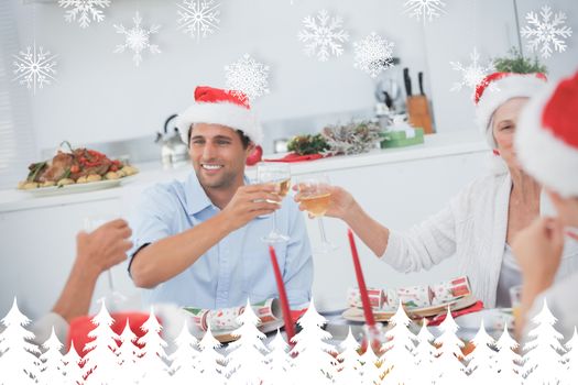 Happy family clinking their glasses of white wine against fir tree forest and snowflakes