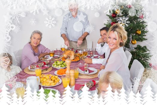 Happy family at christmas dinner against fir tree forest and snowflakes