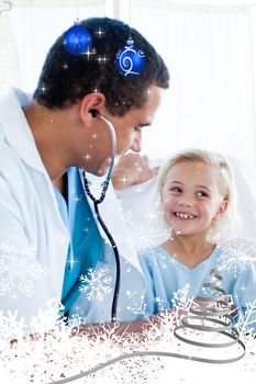 Attractive doctor checking the pulse on a young patient against twinkling stars