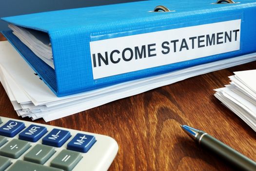 Income statement papers in the blue folder.