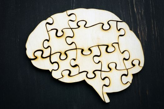 Brain from wooden puzzles. Mindfulness concept.