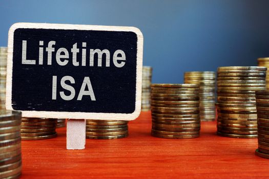 Lifetime ISA Individual Savings Account sign and coins.
