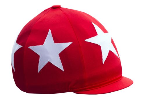 Jockey's headdress, red round cap with visor isolated on white background.