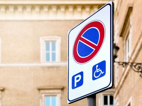 no parking sign with the exception for disabled people. Parking and disabled people icons. Road signs