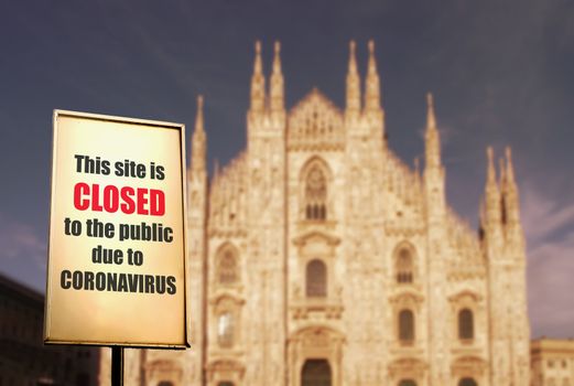 precautionary security measures to counter the spread of Coronavirus in Italy. A sign warns of the closing of the Milan cathedral to the public