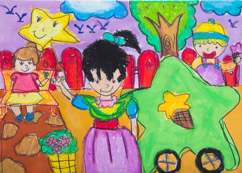 Child drawing using crayon and watercolor
