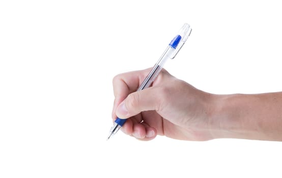 hand holding a pen, isolated on white background