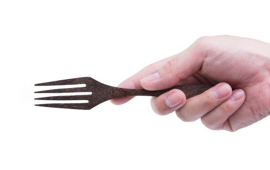 Man hand with fork isolated on white background