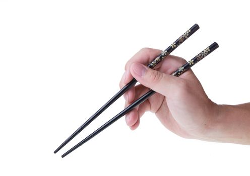 man hand holding chopsticks isolated on a white background