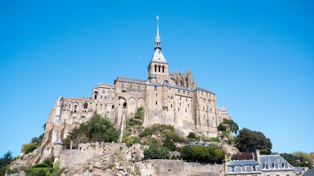 Mont saint michel cathedral, France 9-9-19. Legend says the archangel Michael appeared in 708 to Aubert of Avranches, the bishop of Avranches, and instructed him to build a church on the rocky islet