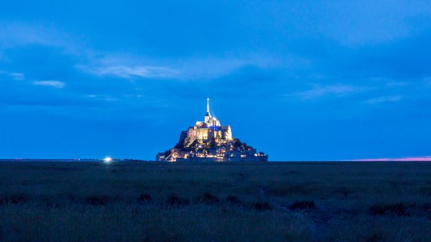 Evening view of Mont Saint michel, France 7-9-19, famous touristic place