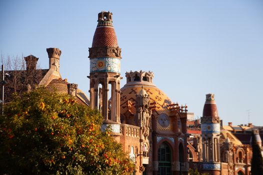 Barcelona, Spain - 7 March 2014: Hospital de Sant Pau and orange tree