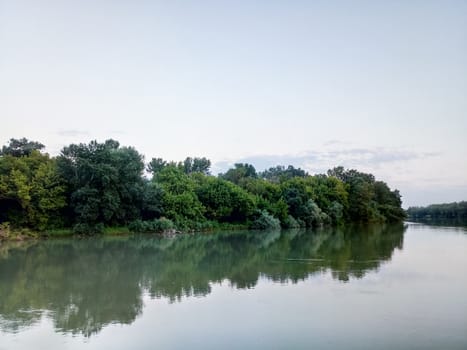 River landscape. River flow. Water surface and trees on the shore.