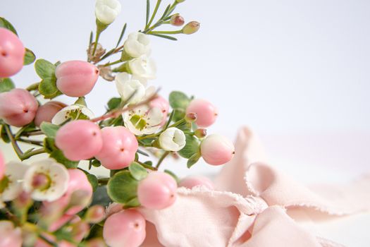 Peach flowers on a purple background with a peach silk ribbon. White and pink flowers. Macro image. Place for text. Greeting card. Mothers Day.