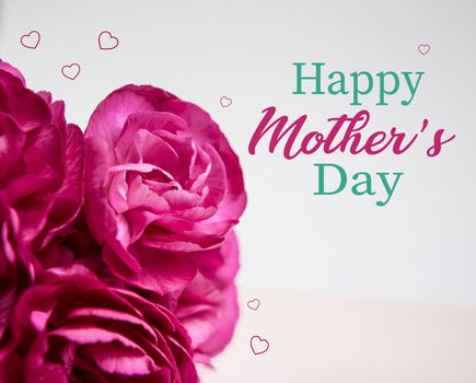 Pink flowers on pink and white background with hearts. Mother's day card.