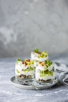 Homemade yogurt parfait with granola, kiwi fruit, pomegranate and mint in a glass for healthy breakfast on concrete background