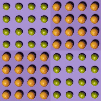 Orange and lime pattern on violet background. Creative food concept. Flat lay.