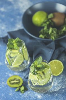 Two detox water or martini tonic cocktail with kiwi, lime, ice and mint. A new kind of mojito with kiwi, lime and mint and of course ice.