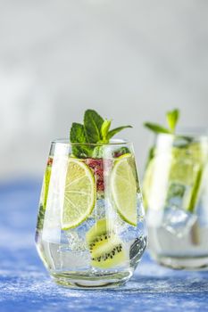 Detox water or martini tonic cocktail with kiwi, lime and ice, decoration pomegranate and mint. Summer fresh lime soda cocktail, selective focus.