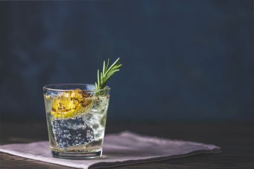 Charred Lemon, Rosemary and Coriander Gin and Tonic is a flavors are perfectly balanced refreshing cocktail. on dark background, close up. Summer drinks and alcoholic or detox cocktail