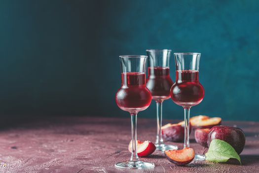 Plums strong alcoholic drink in grappas wineglass with dew. Hard liquor, slivovica, plum brandy or plum vodka with ripe plums on dark blue and  claret bordeaux concrete surface.