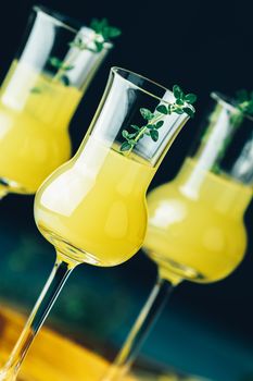 Limoncello with thyme in three grappas wineglass close up on dark background, shallow depth of the field.