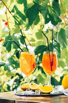 Two Aperol spritz cocktail in big wine glass with oranges, summer Italian fresh alcohol cold drink. Sunny garden with vineyard background	