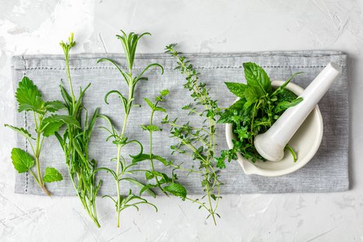 Mortar with herbs and spices. Fresh herbs selection included rosemary, thyme, mint, lemon balm, parsley and arugula. Overhead view, copy space.