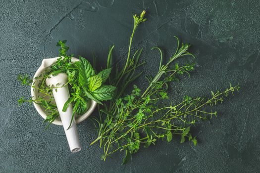 Mortar with herbs and spices. Fresh herbs selection included rosemary, thyme, mint, lemon balm, parsley and arugula. Overhead view, copy space. Dark green concrete surface.