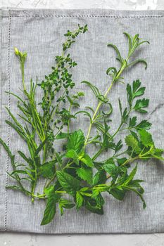 Herbs and spices. Fresh herbs selection included rosemary, thyme, mint, lemon balm, parsley and arugula. Overhead view, copy space. 