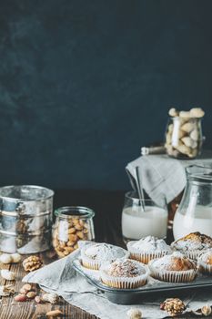 Vanilla caramel muffins in paper cups and glass in bakeware of milk on  dark wooden background. Delicious cupcake with raisins, almonds and nuts. Homemade biscuit cakes. Copy space for text.