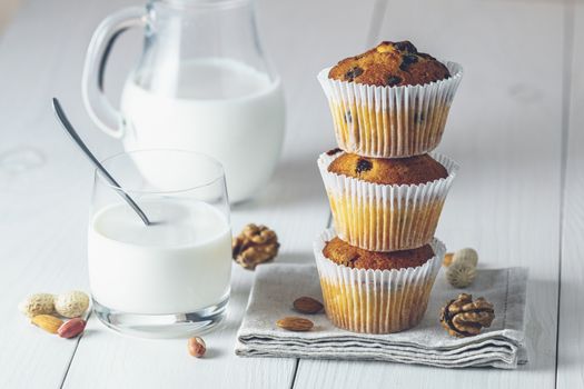 Vanilla caramel muffins in paper cups and glass of milk on white wooden background. Delicious cupcake with raisins, almonds and nuts. Homemade biscuit cakes. Copy space for text.