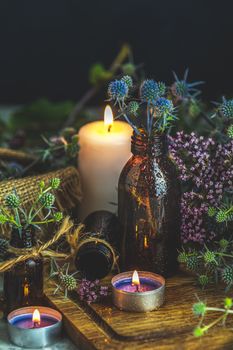 Magic potion in small bottle, blue eryngo and candles on dark background. Old pharmacy, esoteric or alchemic concept. Black magic and occult objects, alternative medicine or homeopathic