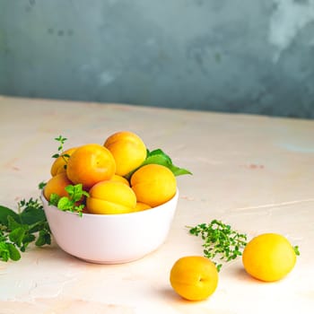 Fresh sweet orange apricots in pink bowl on the pink concrete surface table, selective focus, shallow depth of the fields