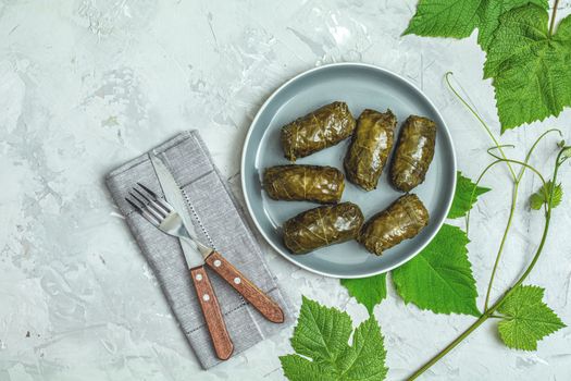 Traditional Middle Eastern dolma or tolma. Latin American Mexican Chilean cuisine ninos envueltos. Grape leaves stuffed with meat and rice. 