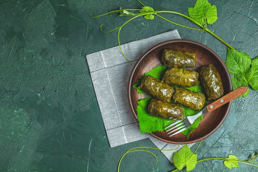 Traditional Middle Eastern dolma or tolma or sarma. Latin American Mexican Chilean cuisine ninos envueltos. Grape leaves stuffed with meat and rice. Lebanon turkish greek middle eastern cuisine.