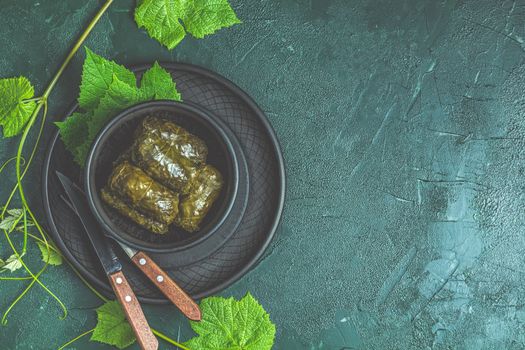 Traditional Middle Eastern dolma or tolma or sarma. Latin American Mexican Chilean cuisine ninos envueltos. Grape leaves stuffed with meat and rice. Lebanon turkish greek middle eastern cuisine.