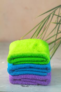 Stack of clean towels close up, SPA and relaxation concept, copy space for you text.