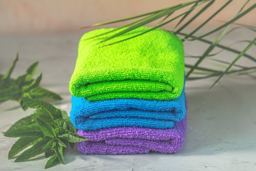 Stack of clean towels close up, SPA and relaxation concept, copy space for you text.