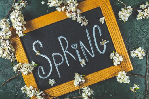 Spring blossom flowers white apricot branches, Vintage chalkboard with handwritten lettering spring over dark green concrete background. Flat lay, space