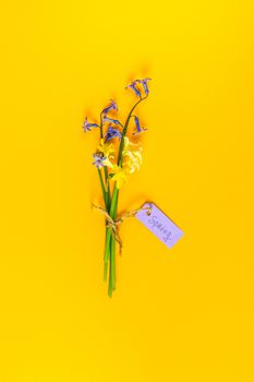 Bouquet spring blossom flowers yellow and blue hyacinth, daffodil and different handwritten notes letters lettering spring over yellow background. Flat lay, space for you text