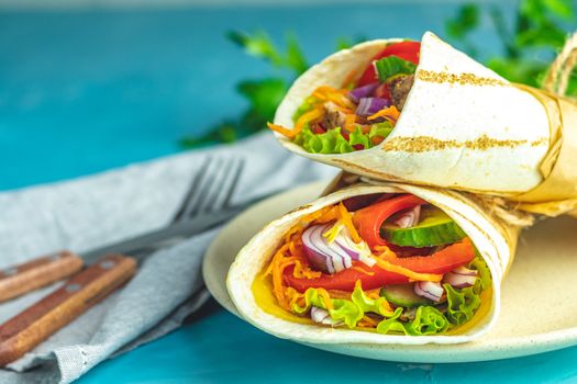 Shawarma sandwich gyro fresh roll of lavash (pita bread) chicken beef shawarma falafel RecipeTin Eats Filled with grilled meat, vegetables, cheese. Traditional Middle Eastern snack.