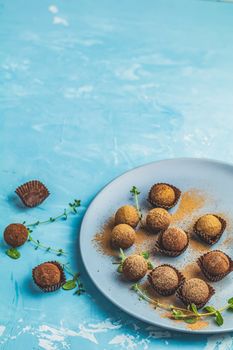 Cocoa balls, handmade chocolate balls cakes in a blue tray, sprinkled with cocoa powder, fresh mint and thyme on dark blue concrete surface background. Close up, copy space, shallow depth of the field